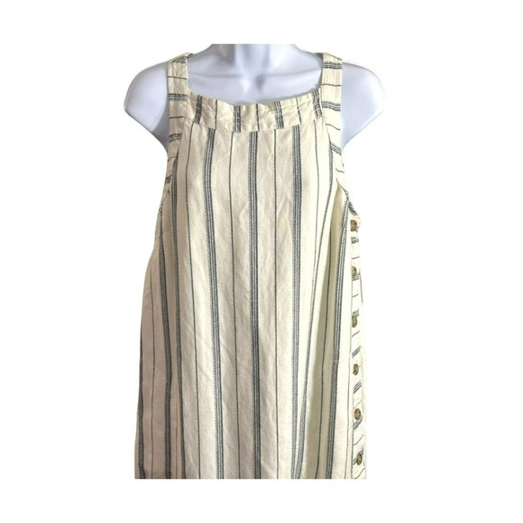 Akemi and Kin Anthropologie Women's Cream Navy Side Button Dress 6 Frayed Hem - Picture 4 of 5